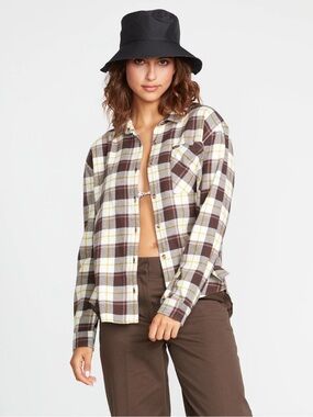 Volcom Brown, White & Yellow Plaid Button-Down Shirt Size Large